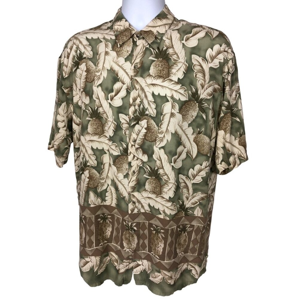 Campia Moda Button Up Shirt Men Size L Green White Tan Tropical Pineapples